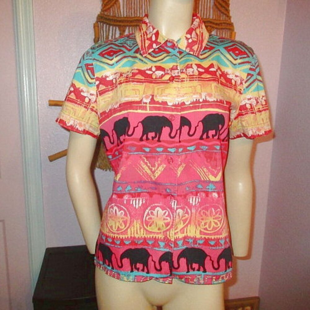 Chico's Blouse Top Womens M 1 Button Up Short Sleeves Oversized Colorful Aztec